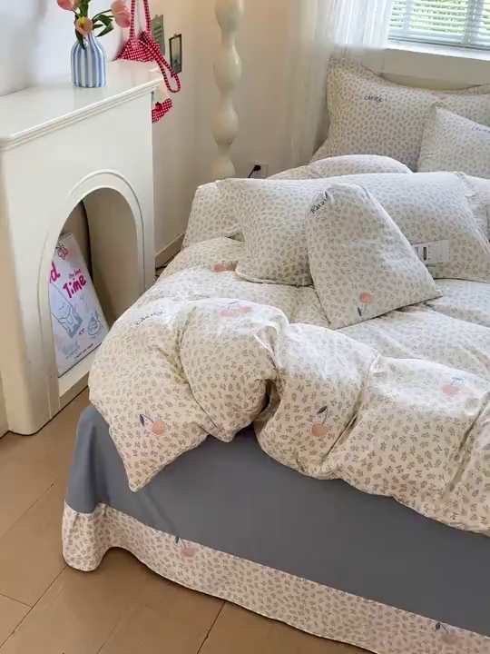 91家纺网 家纺一手货源 找家纺 梦莱斯 2025新款韩国小布袋古法云感棉四件套 小樱桃