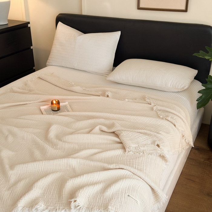 91家纺网 家纺一手货源 找家纺 （总）小叮当家纺仓储工厂店 2025新款全棉纯棉四层纱皱皱流苏毯毛毯毯子