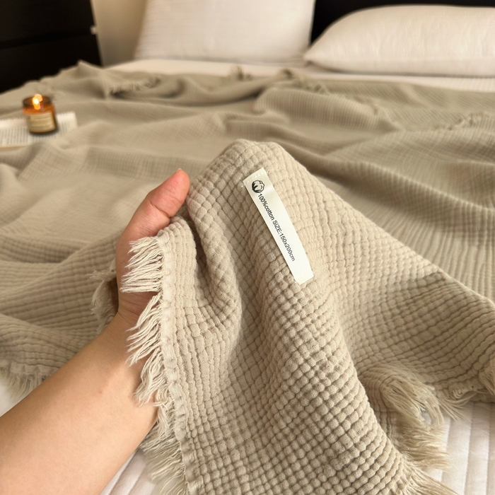 91家纺网 家纺一手货源 找家纺 （总）小叮当家纺仓储工厂店 2025新款全棉纯棉四层纱皱皱流苏毯毛毯毯子