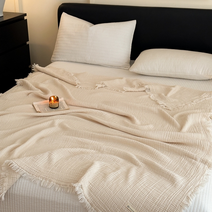 91家纺网 家纺一手货源 找家纺 （总）小叮当家纺仓储工厂店 2025新款全棉纯棉四层纱皱皱流苏毯毛毯毯子