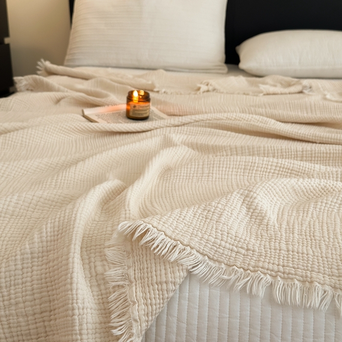 91家纺网 家纺一手货源 找家纺 （总）小叮当家纺仓储工厂店 2025新款全棉纯棉四层纱皱皱流苏毯毛毯毯子