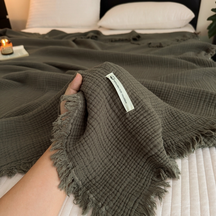 91家纺网 家纺一手货源 找家纺 （总）小叮当家纺仓储工厂店 2025新款全棉纯棉四层纱皱皱流苏毯毛毯毯子