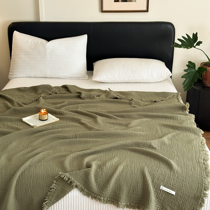 91家纺网 家纺一手货源 找家纺 小叮当家纺仓储工厂店 2025新款全棉纯棉四层纱皱皱流苏毯毛毯毯子 皱皱纱-竹青色