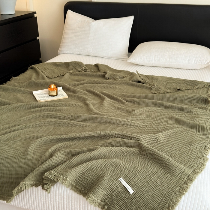 91家纺网 家纺一手货源 找家纺 小叮当家纺仓储工厂店 2025新款全棉纯棉四层纱皱皱流苏毯毛毯毯子 皱皱纱-竹青色