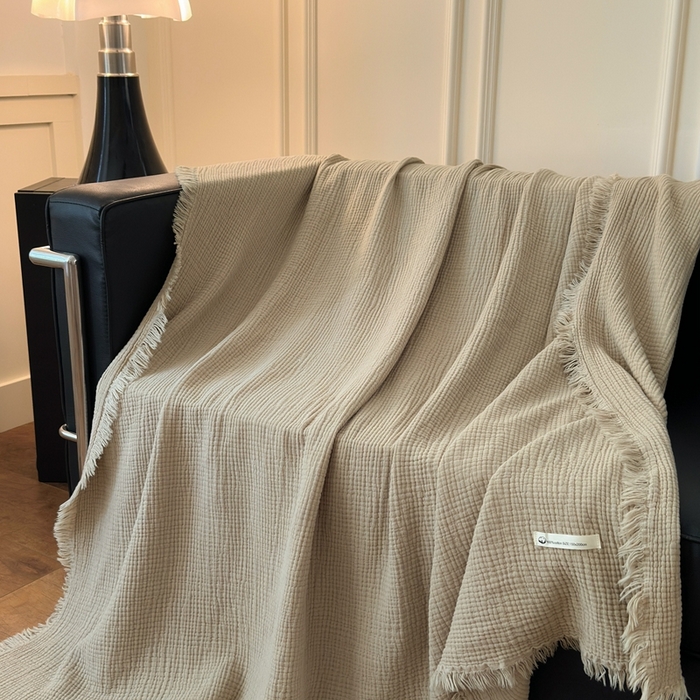 91家纺网 家纺一手货源 找家纺 小叮当家纺仓储工厂店 2025新款全棉纯棉四层纱皱皱流苏毯毛毯毯子 皱皱纱-羊驼色