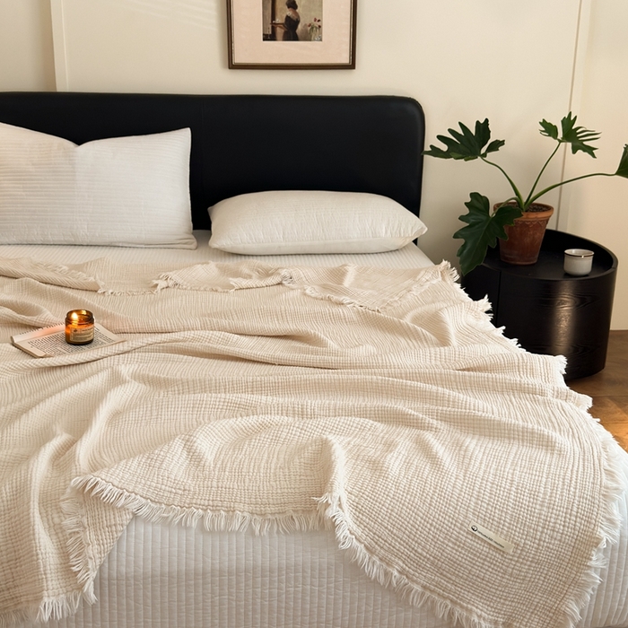 91家纺网 家纺一手货源 找家纺 （总）小叮当家纺仓储工厂店 2025新款全棉纯棉四层纱皱皱流苏毯毛毯毯子