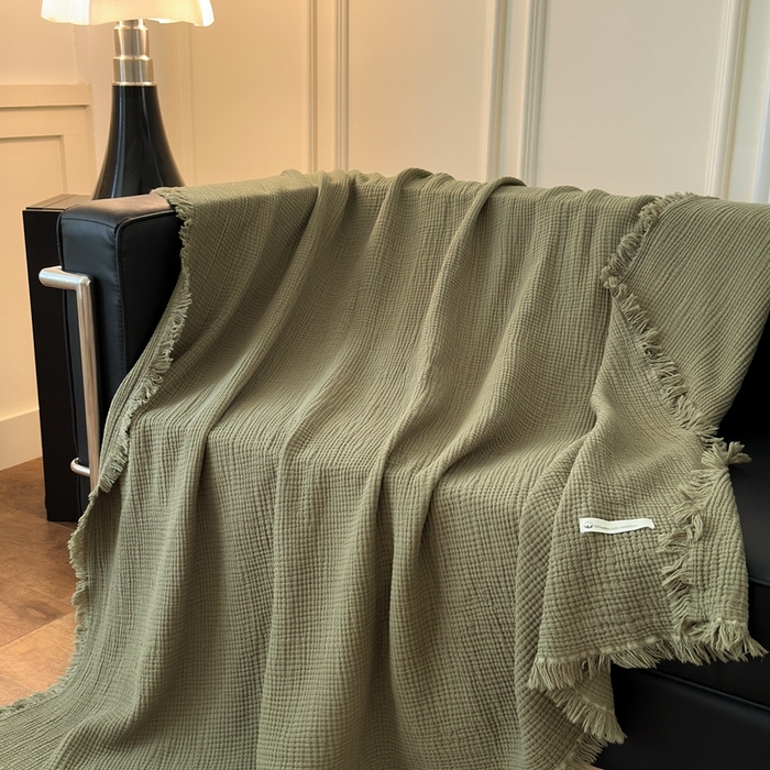 91家纺网 家纺一手货源 找家纺 小叮当家纺仓储工厂店 2025新款全棉纯棉四层纱皱皱流苏毯毛毯毯子 皱皱纱-竹青色