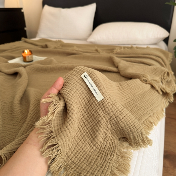 91家纺网 家纺一手货源 找家纺 （总）小叮当家纺仓储工厂店 2025新款全棉纯棉四层纱皱皱流苏毯毛毯毯子