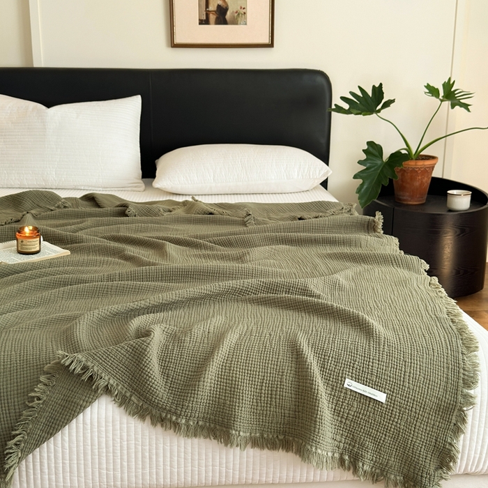 91家纺网 家纺一手货源 找家纺 小叮当家纺仓储工厂店 2025新款全棉纯棉四层纱皱皱流苏毯毛毯毯子 皱皱纱-竹青色