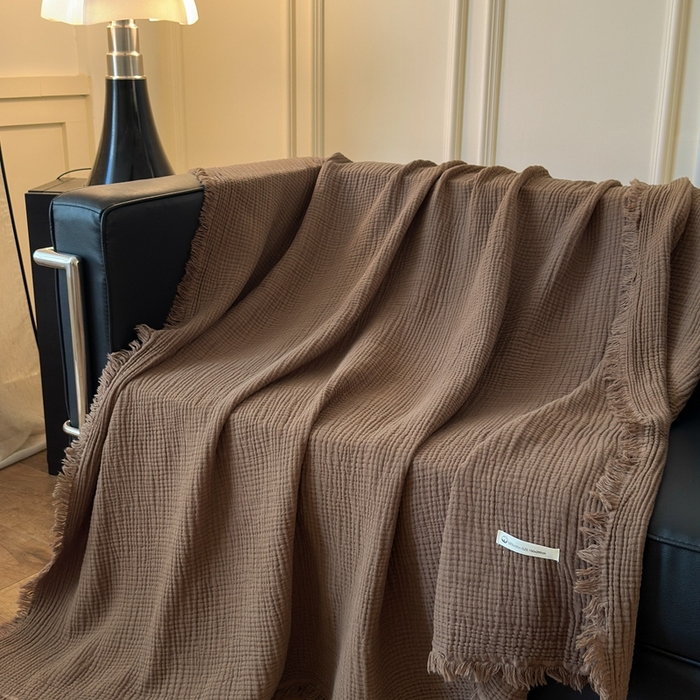91家纺网 家纺一手货源 找家纺 小叮当家纺仓储工厂店 2025新款全棉纯棉四层纱皱皱流苏毯毛毯毯子 皱皱纱-咖啡棕