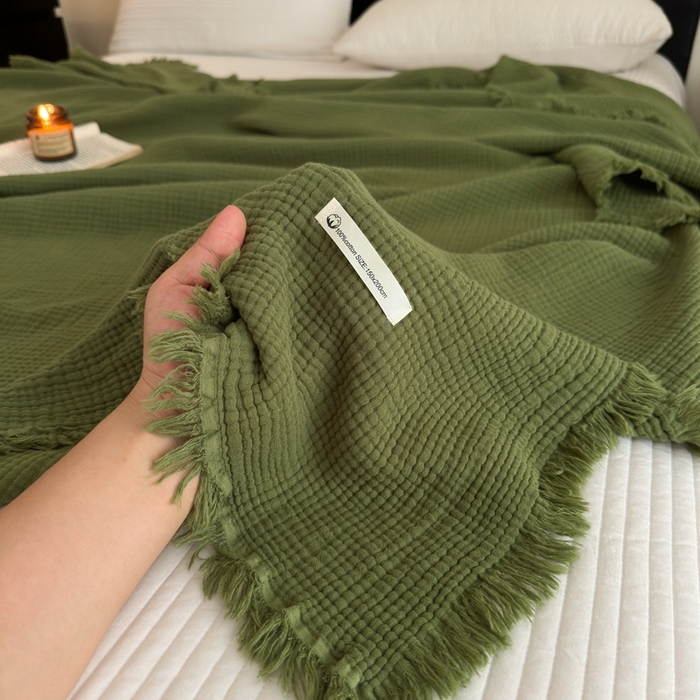 小叮当家纺仓储工厂店 2025新款全棉纯棉四层纱皱皱流苏毯毛毯毯子 皱皱纱-橄榄绿