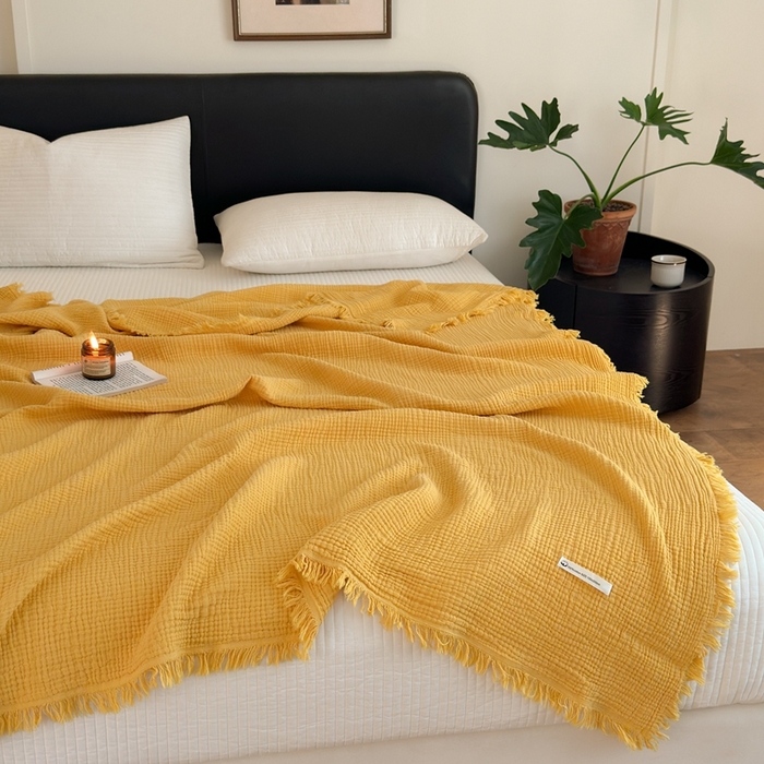 91家纺网 家纺一手货源 找家纺 小叮当家纺仓储工厂店 2025新款全棉纯棉四层纱皱皱流苏毯毛毯毯子 皱皱纱-姜黄色
