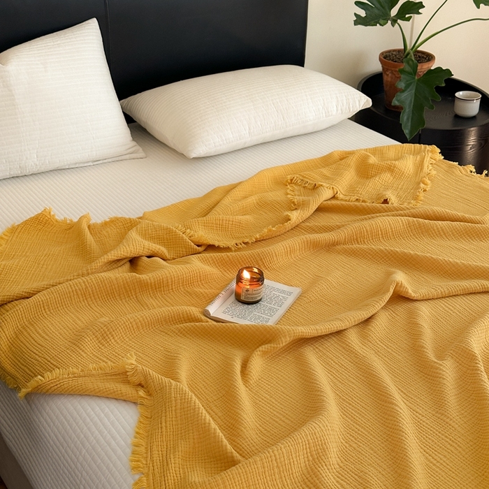 91家纺网 家纺一手货源 找家纺 小叮当家纺仓储工厂店 2025新款全棉纯棉四层纱皱皱流苏毯毛毯毯子 皱皱纱-姜黄色