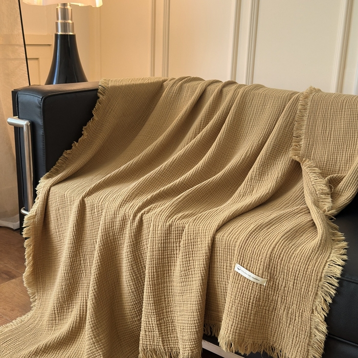 91家纺网 家纺一手货源 找家纺 小叮当家纺仓储工厂店 2025新款全棉纯棉四层纱皱皱流苏毯毛毯毯子 皱皱纱-太妃糖色