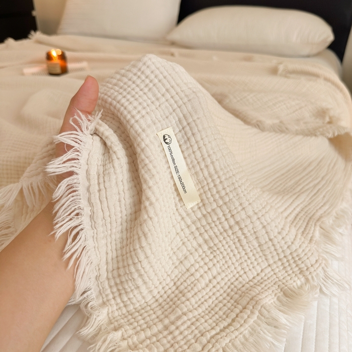小叮当家纺仓储工厂店 2025新款全棉纯棉四层纱皱皱流苏毯毛毯毯子 皱皱纱-荔枝白