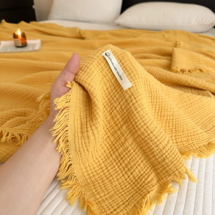 小叮当家纺仓储工厂店 2025新款全棉纯棉四层纱皱皱流苏毯毛毯毯子 皱皱纱-姜黄色