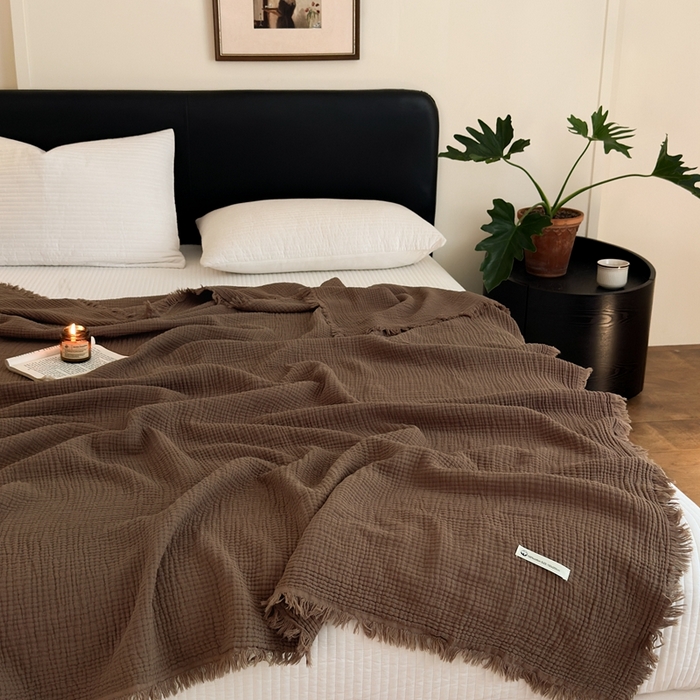 91家纺网 家纺一手货源 找家纺 小叮当家纺仓储工厂店 2025新款全棉纯棉四层纱皱皱流苏毯毛毯毯子 皱皱纱-咖啡棕