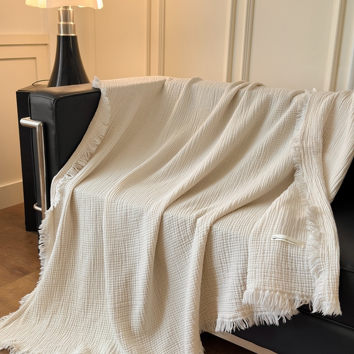 91家纺网 家纺一手货源 找家纺 小叮当家纺仓储工厂店 2025新款全棉纯棉四层纱皱皱流苏毯毛毯毯子 皱皱纱-荔枝白