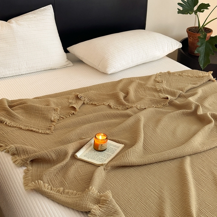 小叮当家纺仓储工厂店 2025新款全棉纯棉四层纱皱皱流苏毯毛毯毯子 皱皱纱-太妃糖色