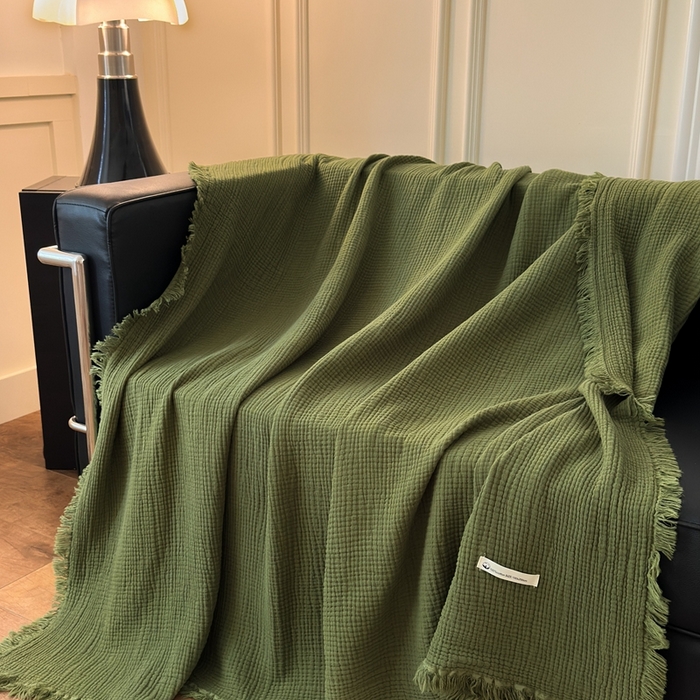 91家纺网 家纺一手货源 找家纺 小叮当家纺仓储工厂店 2025新款全棉纯棉四层纱皱皱流苏毯毛毯毯子 皱皱纱-橄榄绿