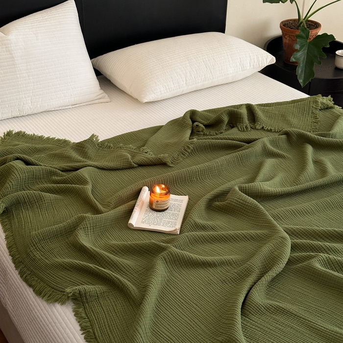 91家纺网 家纺一手货源 找家纺 小叮当家纺仓储工厂店 2025新款全棉纯棉四层纱皱皱流苏毯毛毯毯子 皱皱纱-橄榄绿