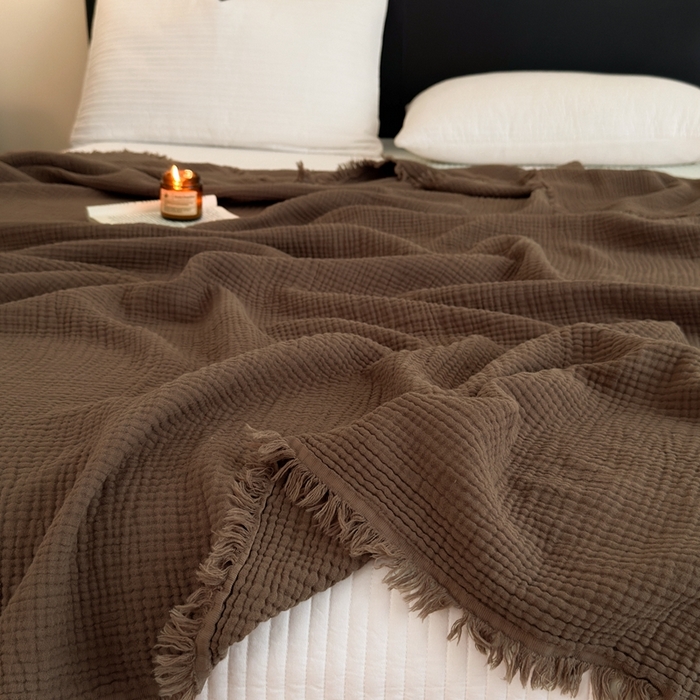 91家纺网 家纺一手货源 找家纺 小叮当家纺仓储工厂店 2025新款全棉纯棉四层纱皱皱流苏毯毛毯毯子 皱皱纱-咖啡棕