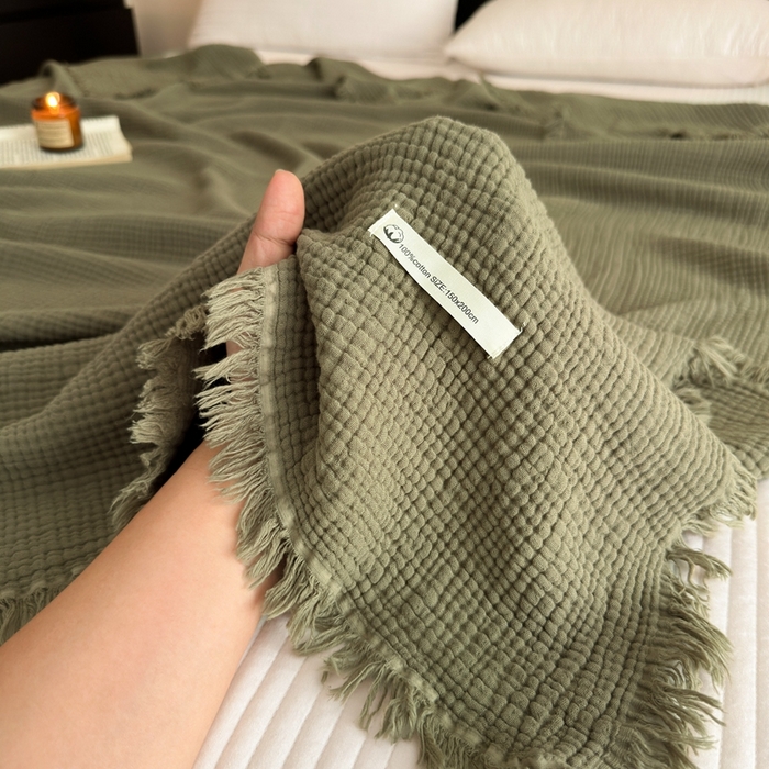 小叮当家纺仓储工厂店 2025新款全棉纯棉四层纱皱皱流苏毯毛毯毯子 皱皱纱-竹青色