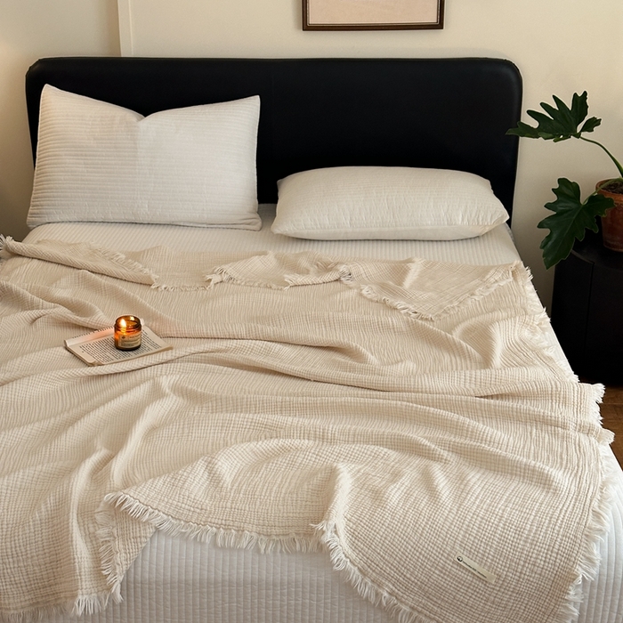 91家纺网 家纺一手货源 找家纺 （总）小叮当家纺仓储工厂店 2025新款全棉纯棉四层纱皱皱流苏毯毛毯毯子