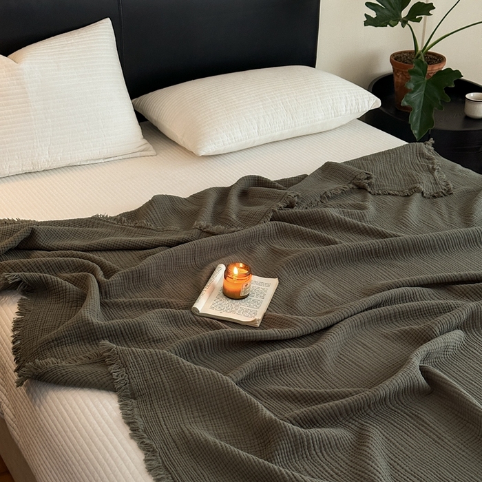 91家纺网 家纺一手货源 找家纺 小叮当家纺仓储工厂店 2025新款全棉纯棉四层纱皱皱流苏毯毛毯毯子 皱皱纱-黑茶色