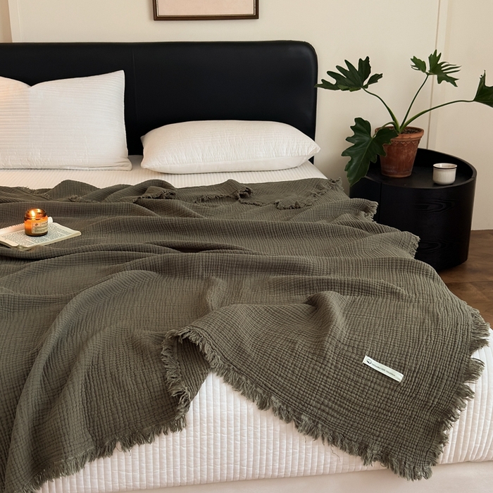 91家纺网 家纺一手货源 找家纺 小叮当家纺仓储工厂店 2025新款全棉纯棉四层纱皱皱流苏毯毛毯毯子 皱皱纱-黑茶色