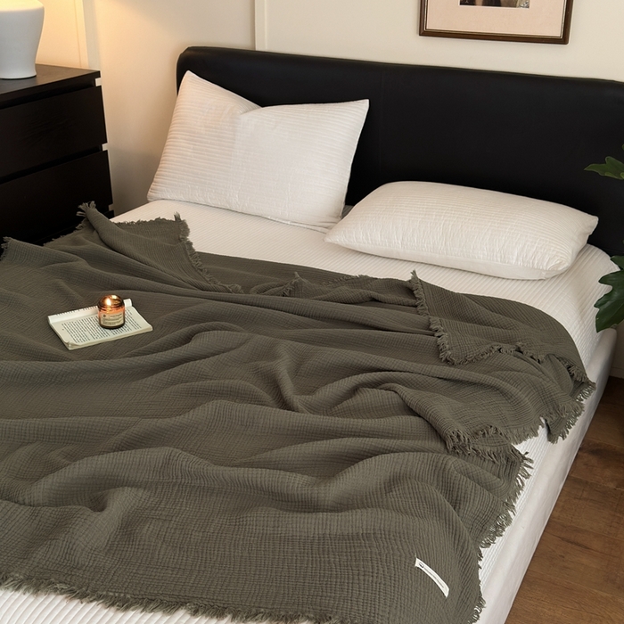 91家纺网 家纺一手货源 找家纺 小叮当家纺仓储工厂店 2025新款全棉纯棉四层纱皱皱流苏毯毛毯毯子 皱皱纱-黑茶色