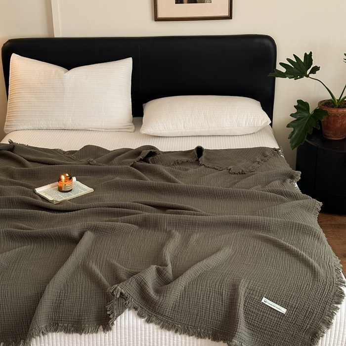 91家纺网 家纺一手货源 找家纺 小叮当家纺仓储工厂店 2025新款全棉纯棉四层纱皱皱流苏毯毛毯毯子 皱皱纱-黑茶色