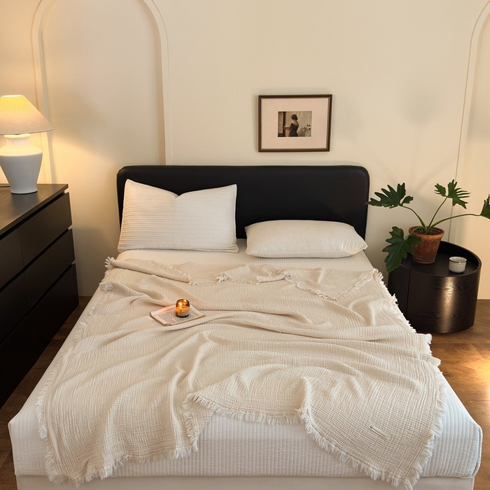 91家纺网 家纺一手货源 找家纺 （总）小叮当家纺仓储工厂店 2025新款全棉纯棉四层纱皱皱流苏毯毛毯毯子