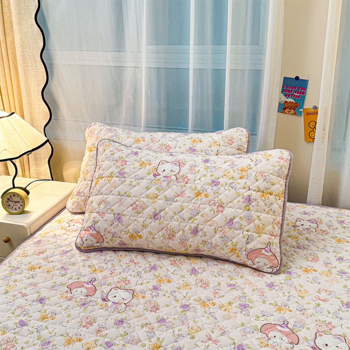 91家纺网 家纺一手货源 找家纺 雯豆家纺 2025新款复古风皱皱棉印花夹棉床笠三件套加厚床垫保护套 可爱TK