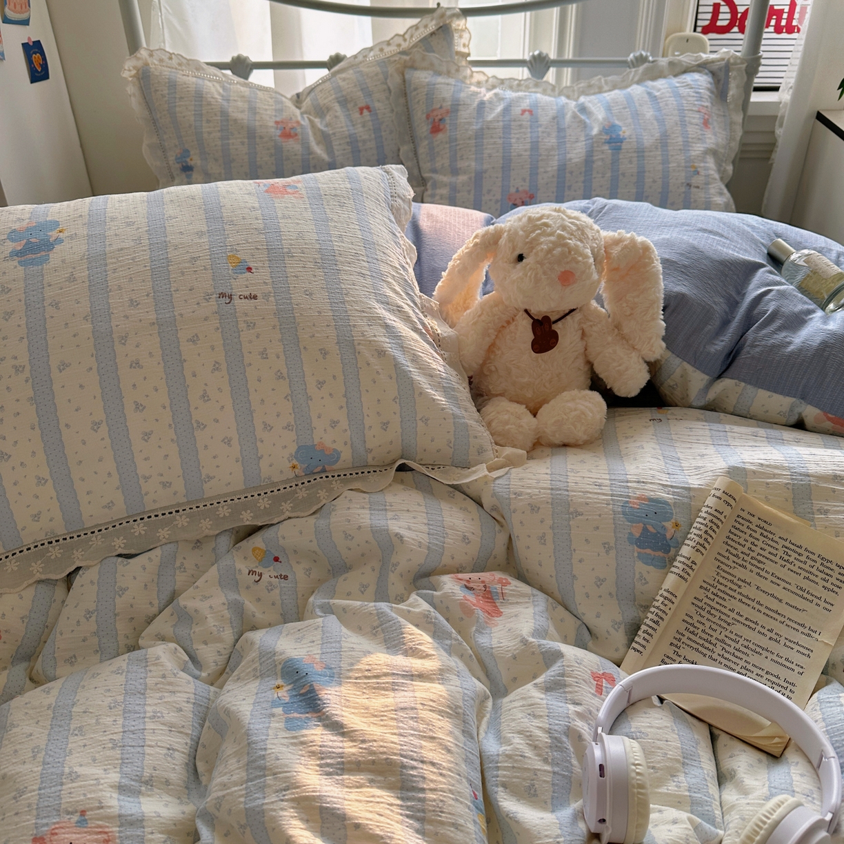 91家纺网 家纺一手货源 找家纺 柔享家（原芷澜家纺） 2025秋冬新款云感皱皱双层纱全棉镂空花边四件套 泡芙小象