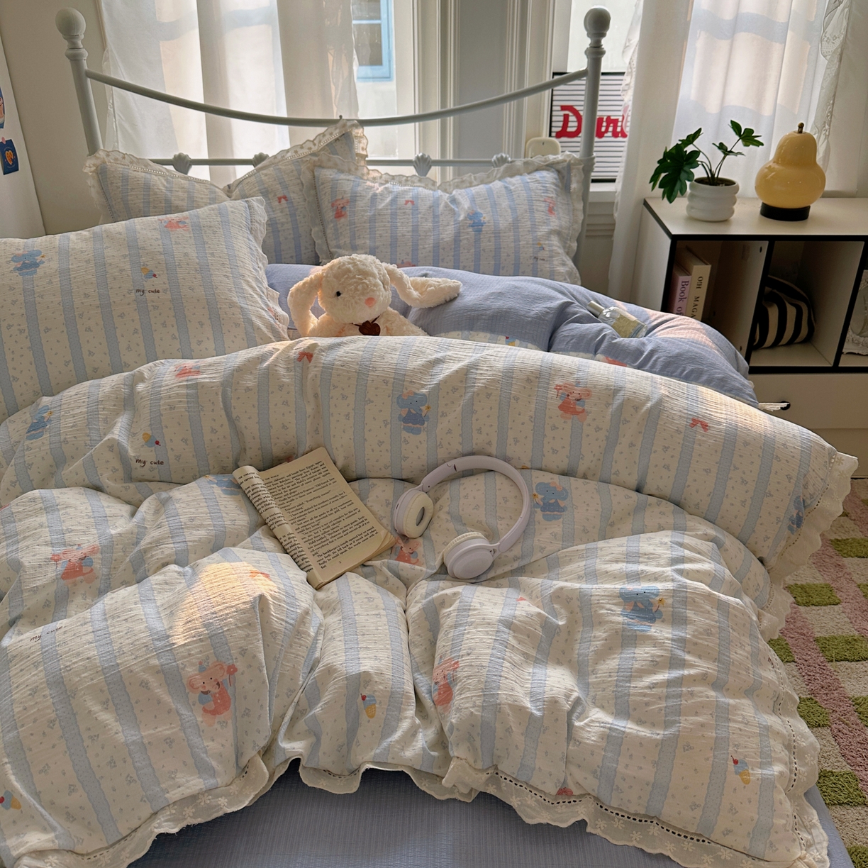 91家纺网 家纺一手货源 找家纺 柔享家（原芷澜家纺） 2025秋冬新款云感皱皱双层纱全棉镂空花边四件套 泡芙小象