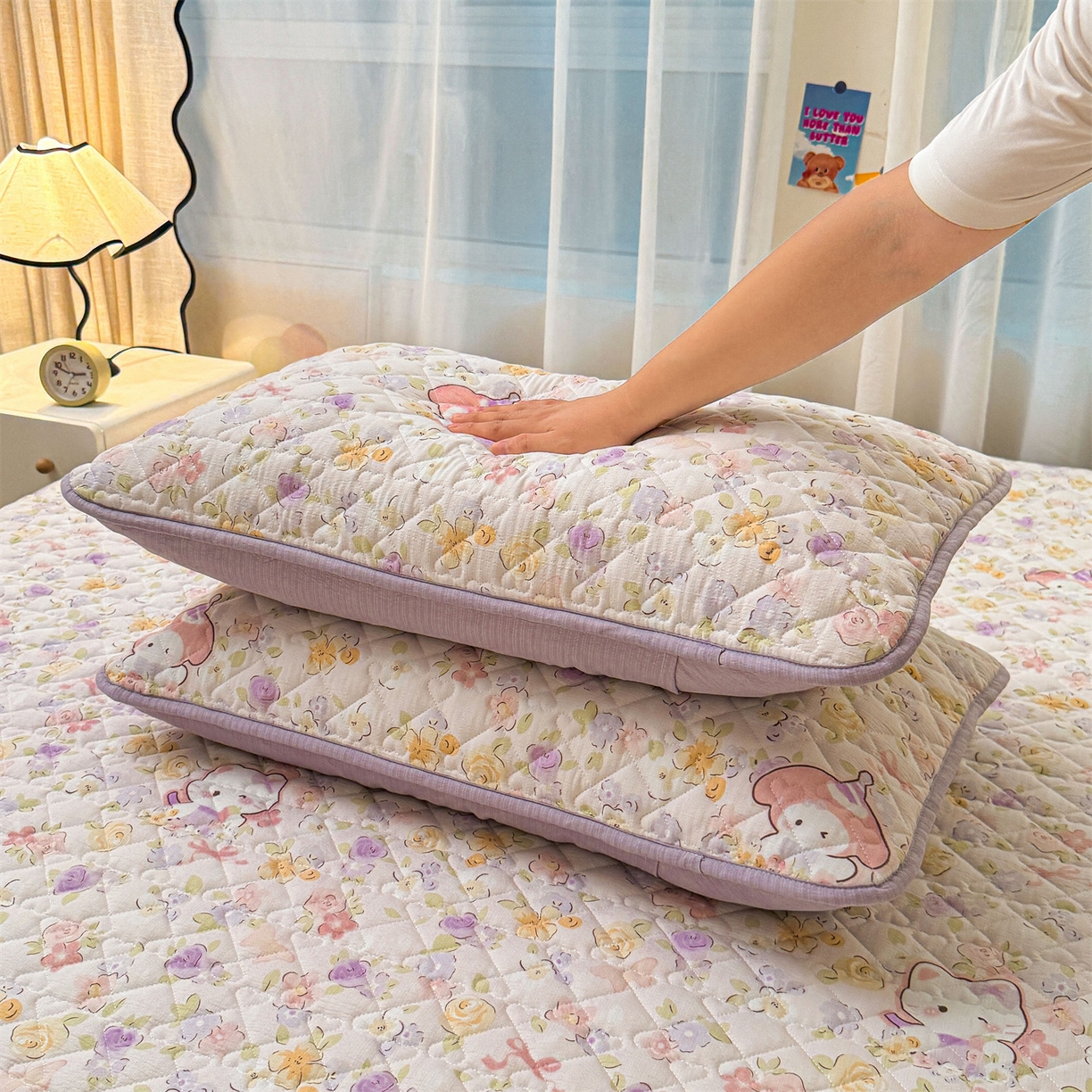 91家纺网 家纺一手货源 找家纺 雯豆家纺 2025新款复古风皱皱棉印花夹棉床笠三件套加厚床垫保护套 可爱TK