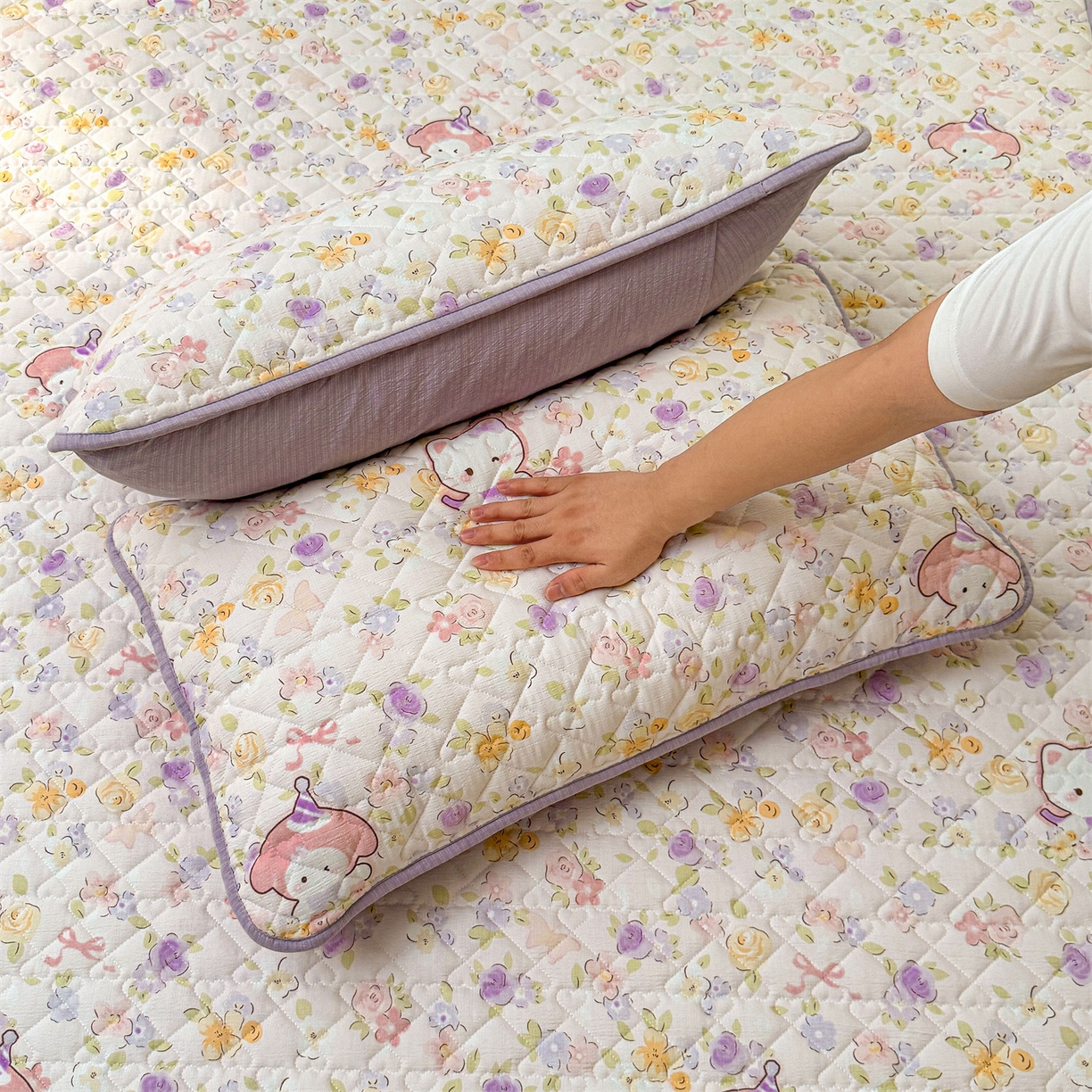 91家纺网 家纺一手货源 找家纺 雯豆家纺 2025新款复古风皱皱棉印花夹棉床笠三件套加厚床垫保护套 可爱TK