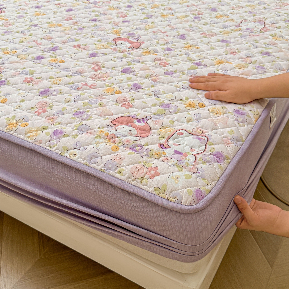 91家纺网 家纺一手货源 找家纺 雯豆家纺 2025新款复古风皱皱棉印花夹棉床笠三件套加厚床垫保护套 可爱TK