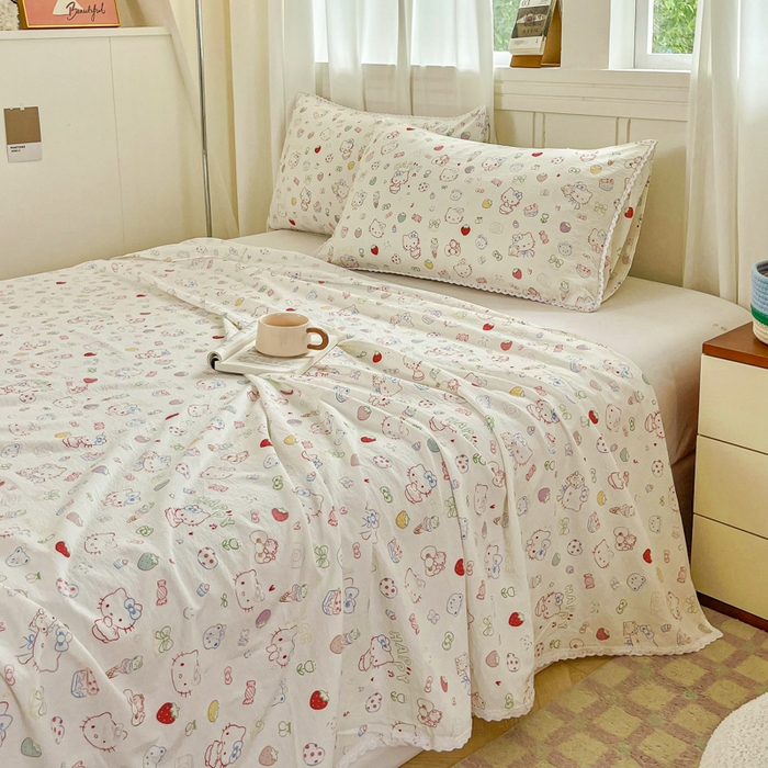 91家纺网 家纺一手货源 找家纺 小叮当家纺仓储工厂店 2025新款云感提花双层纱花边单床单单件床单单品床单 糖果猫