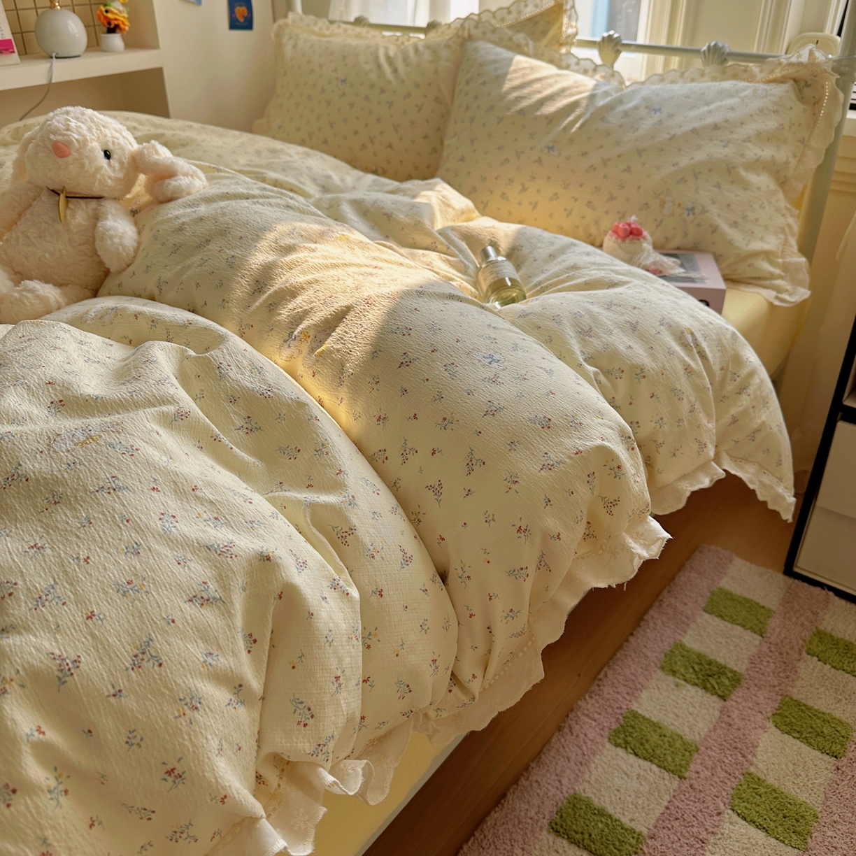 柔享家（原芷澜家纺） 2025秋冬新款云感皱皱双层纱全棉镂空花边四件套 春日兔语