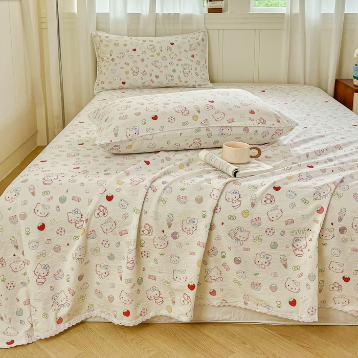 91家纺网 家纺一手货源 找家纺 小叮当家纺仓储工厂店 2025新款云感提花双层纱花边单床单单件床单单品床单 糖果猫