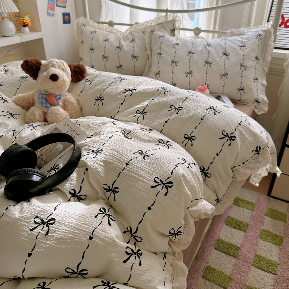 柔享家（原芷澜家纺） 2025秋冬新款云感皱皱双层纱全棉镂空花边四件套 倾心