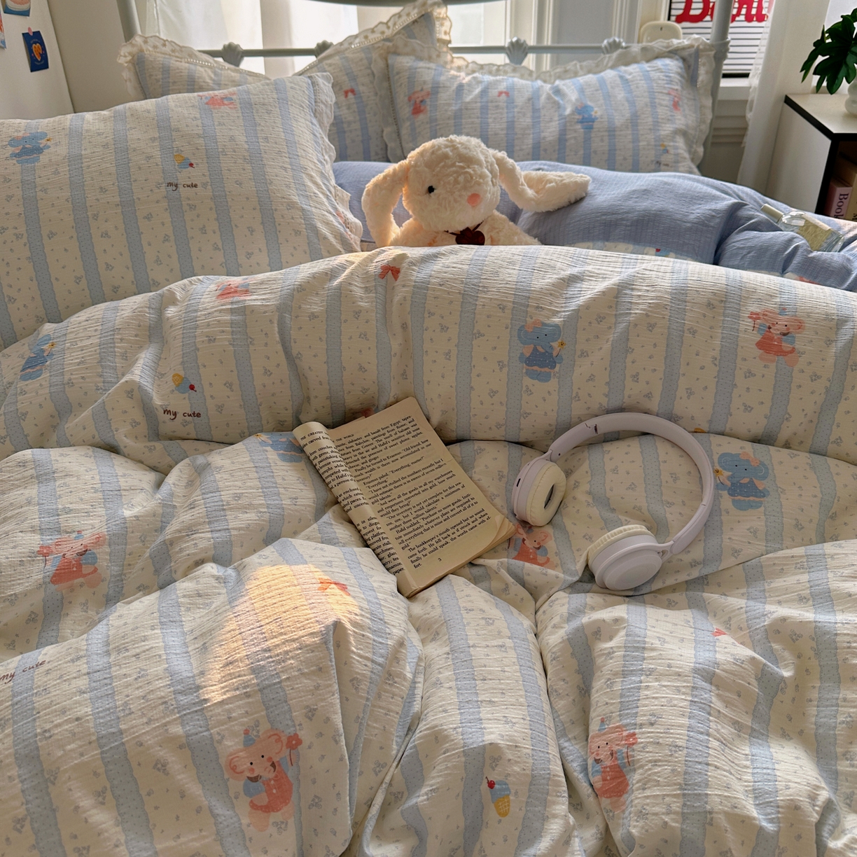 91家纺网 家纺一手货源 找家纺 柔享家（原芷澜家纺） 2025秋冬新款云感皱皱双层纱全棉镂空花边四件套 泡芙小象