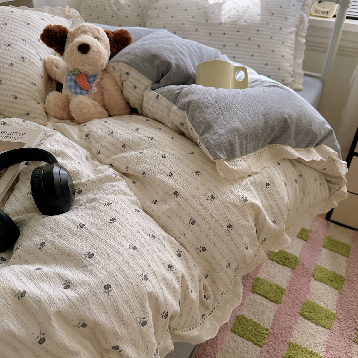 91家纺网 家纺一手货源 找家纺 柔享家（原芷澜家纺） 2025秋冬新款云感皱皱双层纱全棉镂空花边四件套 织梦