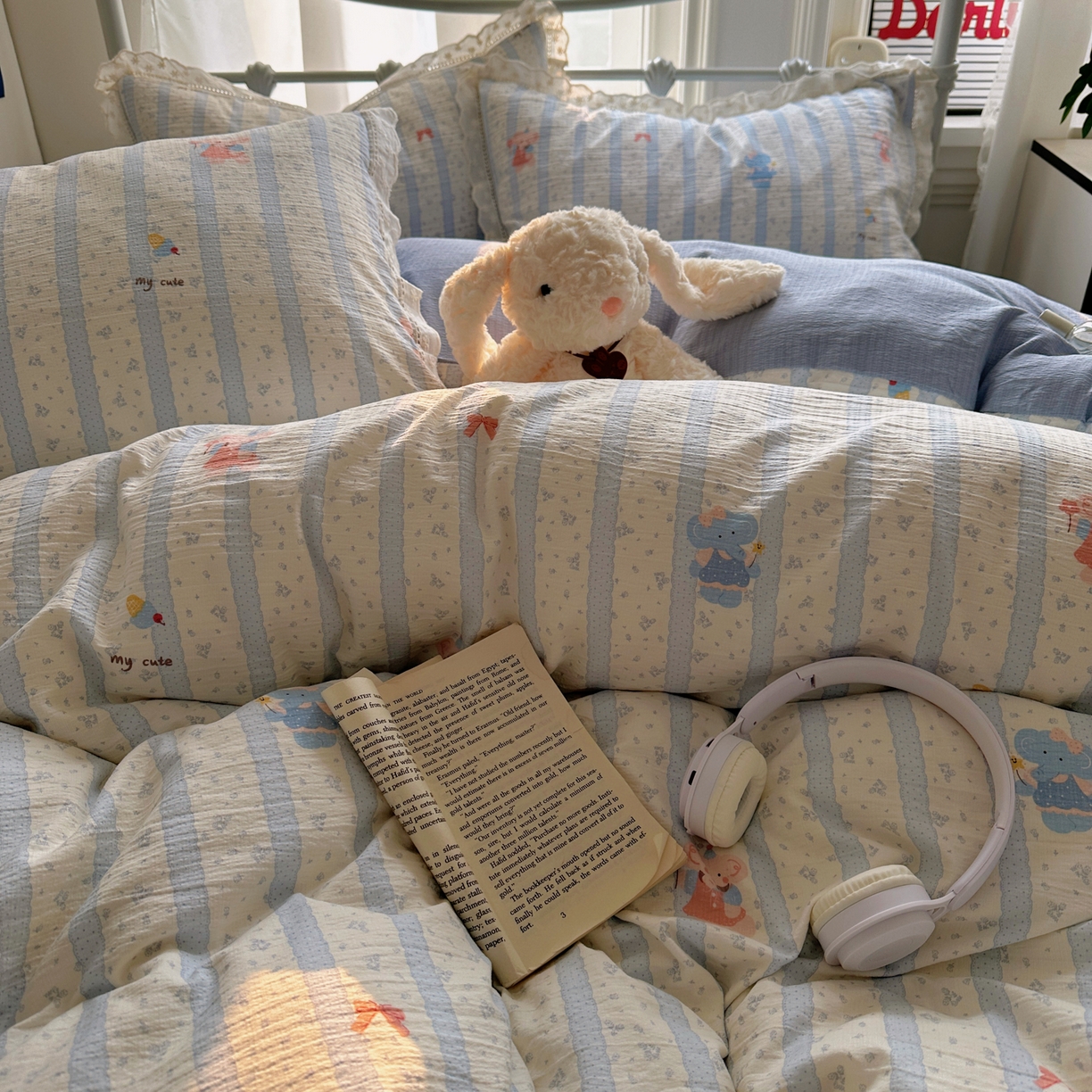 91家纺网 家纺一手货源 找家纺 柔享家（原芷澜家纺） 2025秋冬新款云感皱皱双层纱全棉镂空花边四件套 泡芙小象