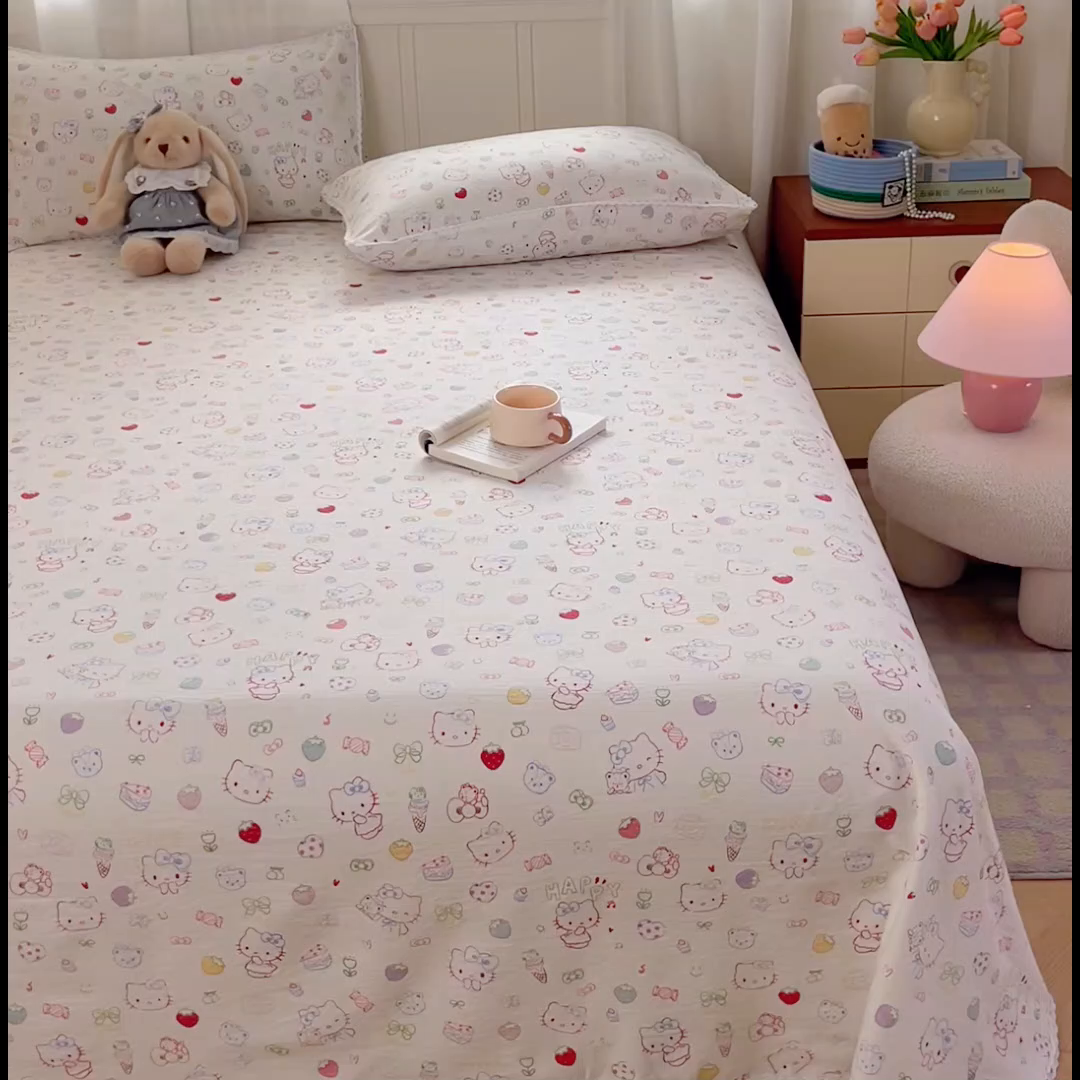 91家纺网 家纺一手货源 找家纺 小叮当家纺仓储工厂店 2025新款云感提花双层纱花边单床单单件床单单品床单 糖果猫
