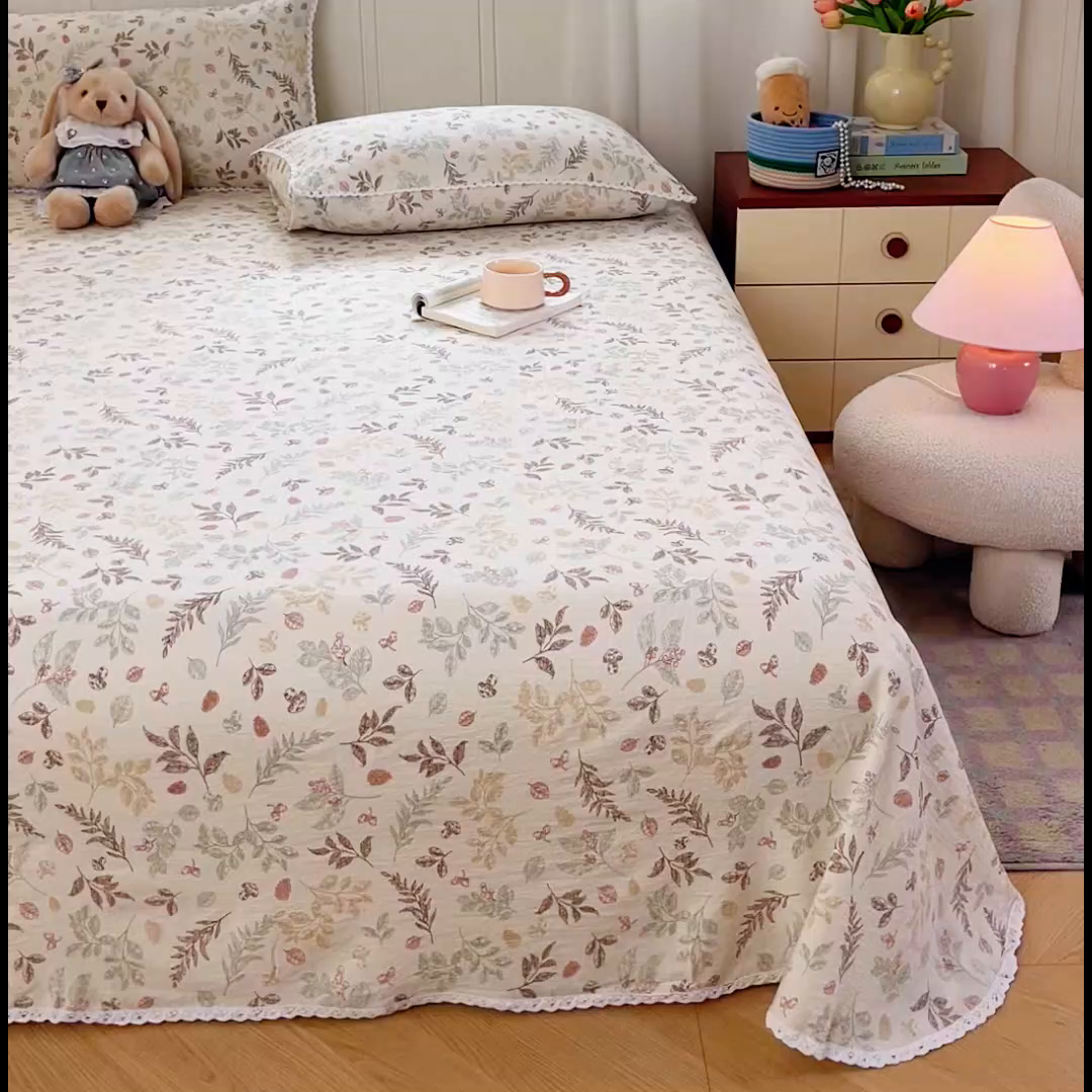 91家纺网 家纺一手货源 找家纺 小叮当家纺仓储工厂店 2025新款云感提花双层纱花边单床单单件床单单品床单 松果