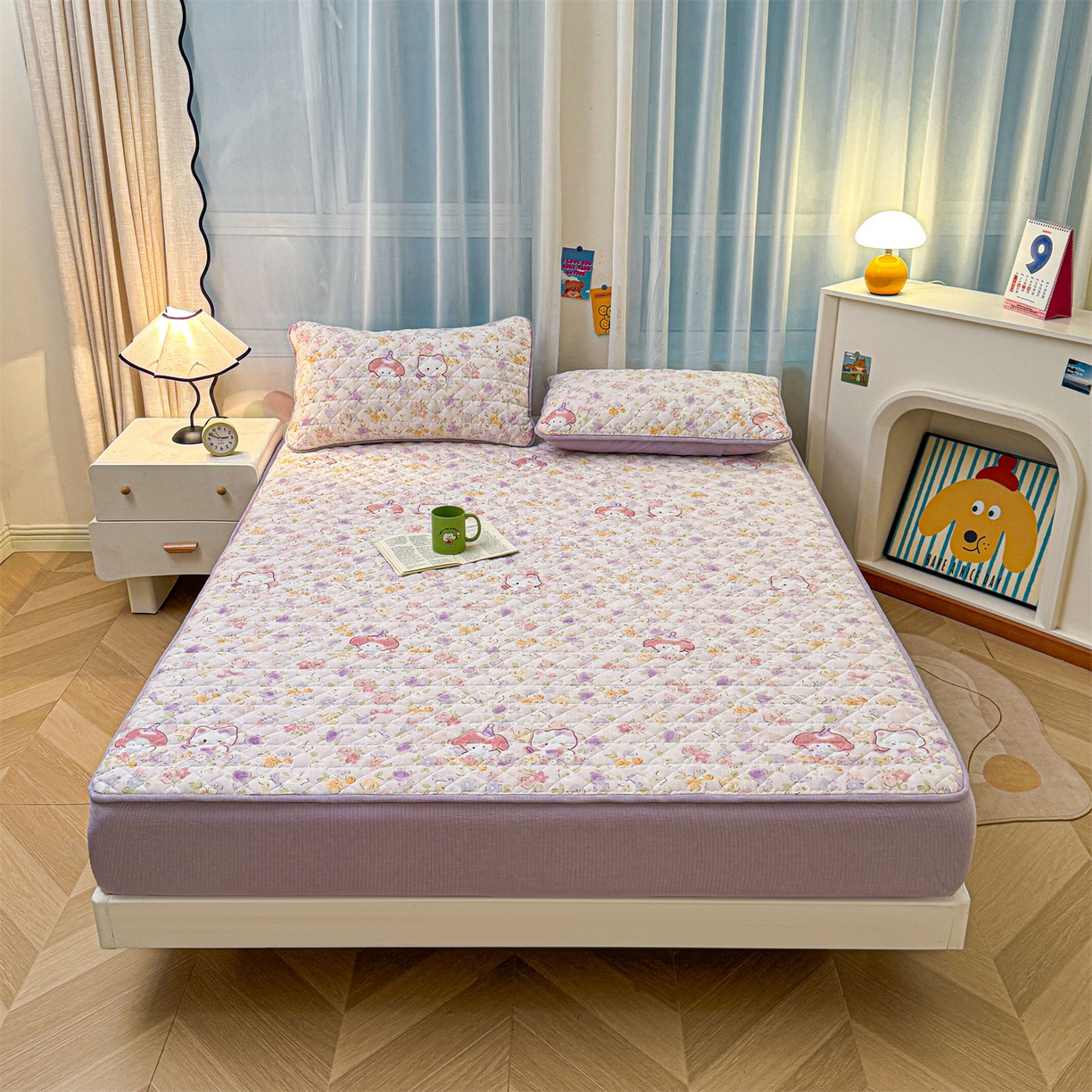 91家纺网 家纺一手货源 找家纺 雯豆家纺 2025新款复古风皱皱棉印花夹棉床笠三件套加厚床垫保护套 可爱TK