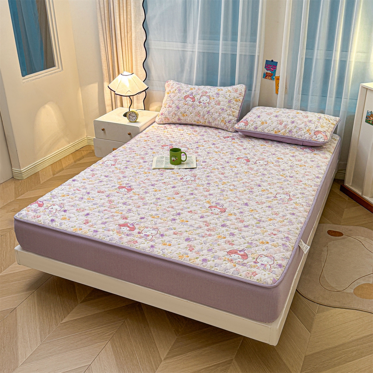 91家纺网 家纺一手货源 找家纺 雯豆家纺 2025新款复古风皱皱棉印花夹棉床笠三件套加厚床垫保护套 可爱TK